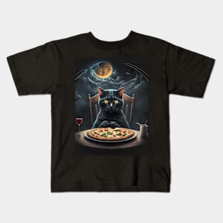 Black Cat Eating Pizza Kids T-Shirt